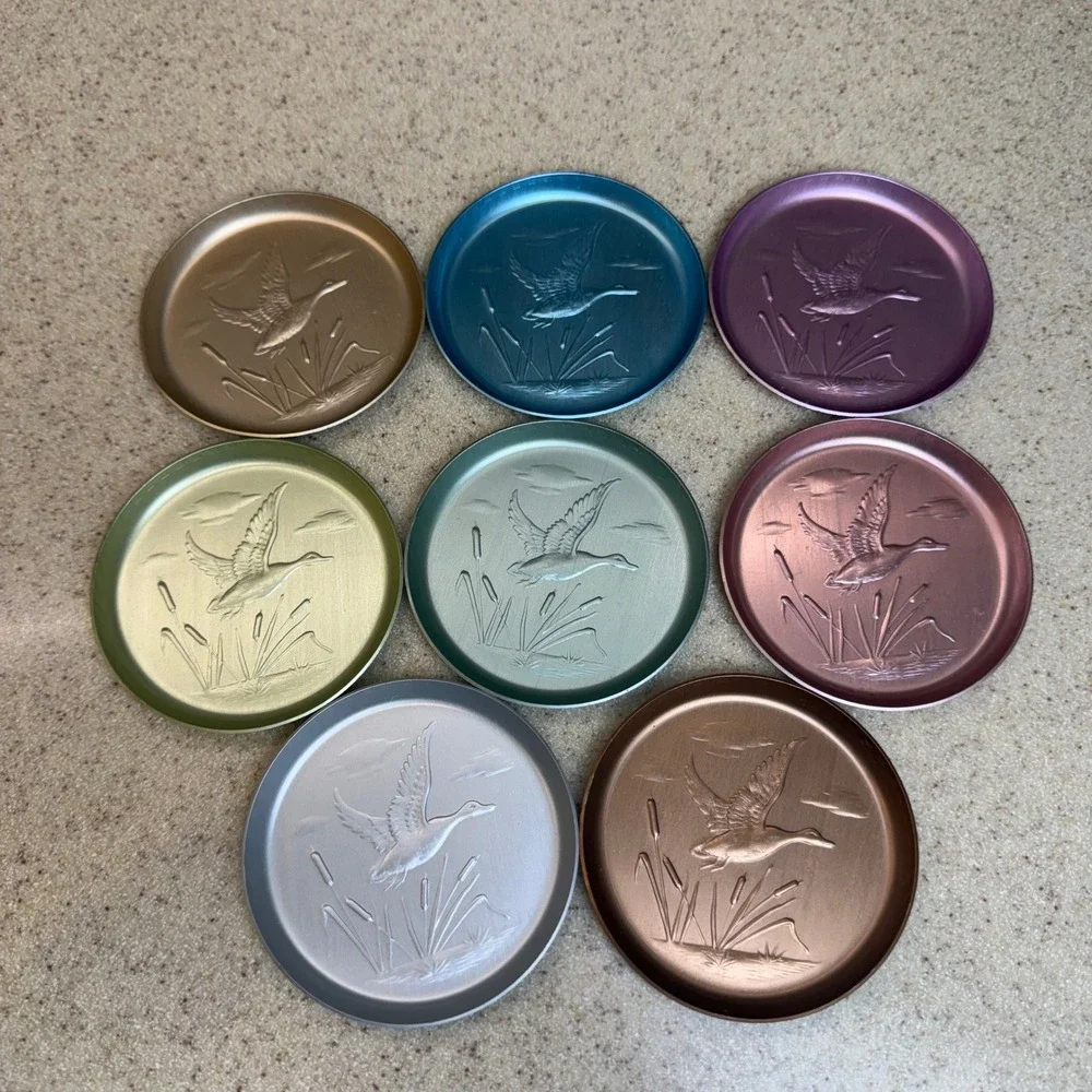 Vintage Anodized Aluminum Coasters Set of 8 Embossed Flying Duck Mallard Pastels